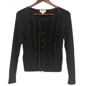 🔴 LOFT ANN TAYLOR RUFFLED FRONT CARDIGAN SWEATER BLACK SIZE XSP